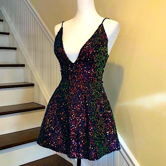 LUCY IN THE SKY Los Angeles Rainbow Black Sequin Mini Dress Sz Small - Picture 16 of 16